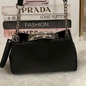 Steve Madden Black Satchel silver handle baguette NWT